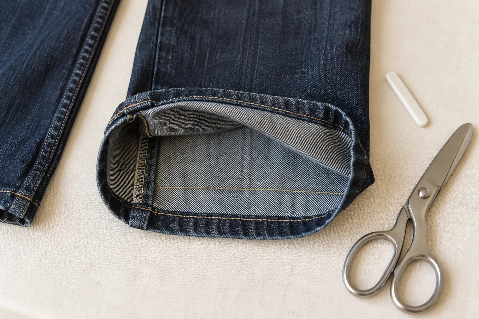 An upturned denim cuff exposing the inside seam and original hem stitching